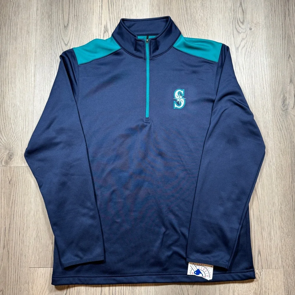 Seattle Mariners MLB Quarter Zip Pullover Navy Teal Mens Large Performance L NWT